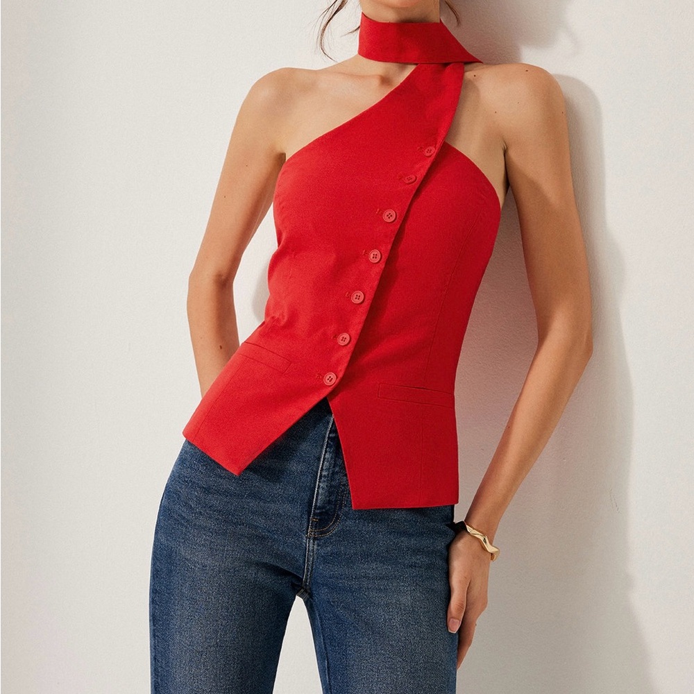 Commense Red Asymmetrical Halter Button-Front Top… - image 1